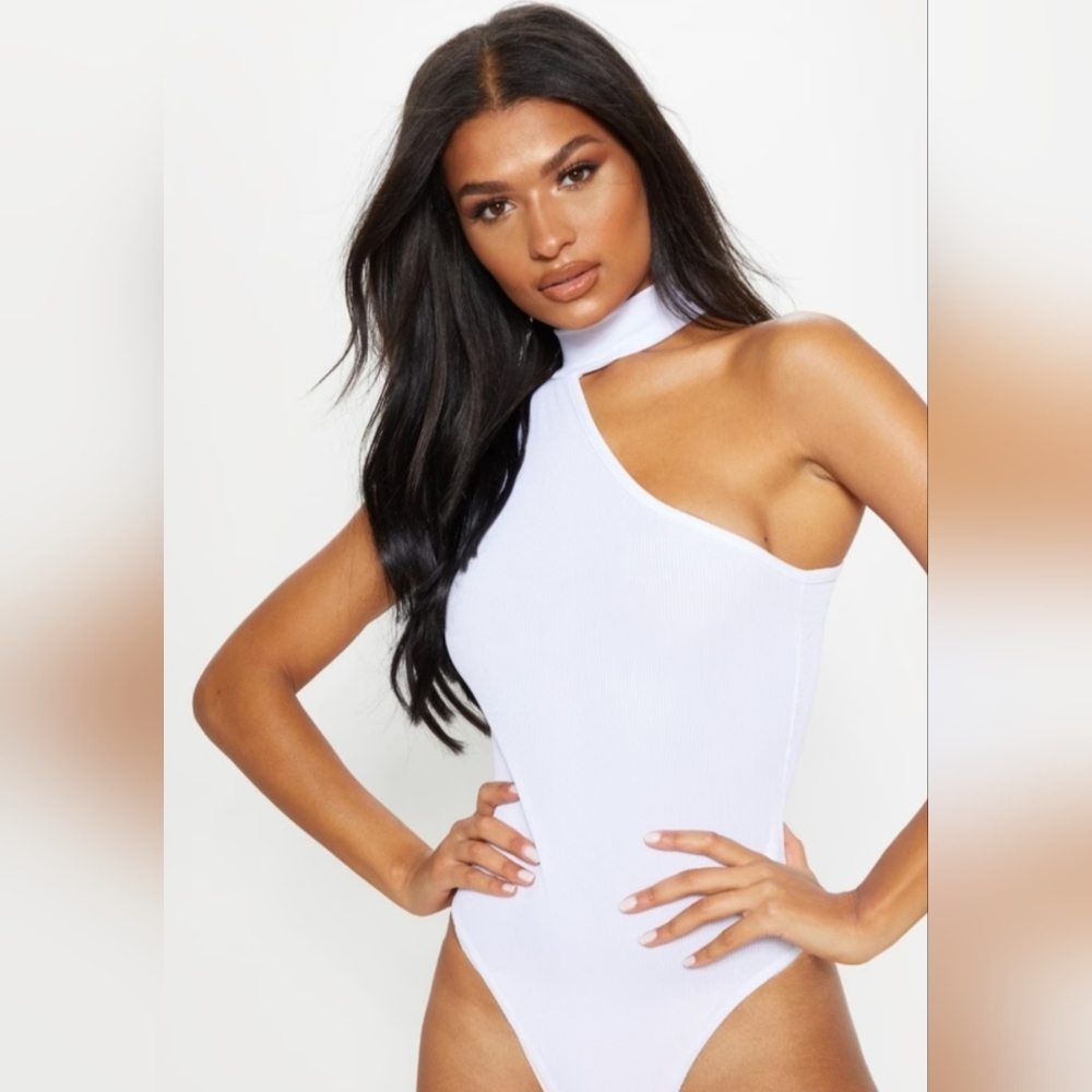 PrettyLittleThing Rib One Shoulder Cut Out Bodysuit in White
